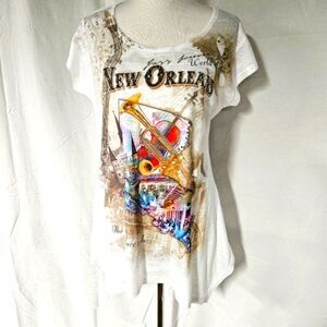New Orleans Birth Place of Jazz Embellished Burnout Scoop Neck Drape Tee Shirt